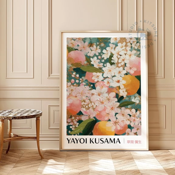 Yayoi Kusama Peach Blossom Japanese Gold Ink Art, Unframed Paper Print Size 8x12
