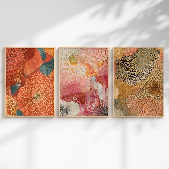 Yayoi Kusama Wall Art Pink Orange Infinity Net Modern Pop Art Maximalist Home Decor Set 3 Stretched Canvas