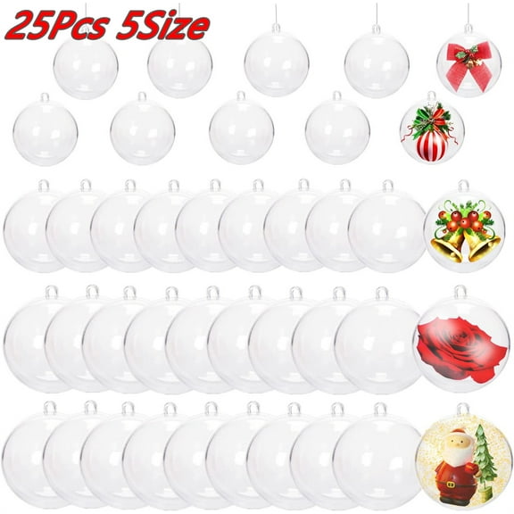 Yayun 25Pcs Clear Plastic Christmas Ornaments, DIY Decor Hollow Sphere, Transparent Fillable Baubles for Xmas Tree Hanging Decorations, Festive New Year Party Supplies, 5 Sizes