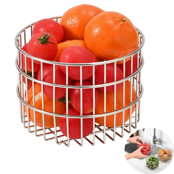 TRIANI Fruit Basket Stainless Steel Fruit Storage Basket,5.2x 3.9" Wire Round Fruit Basket for Kitchen Counter,Mesh Colander Basket for Fruits,Vegetables,Snacks (Cylindrical Shape)