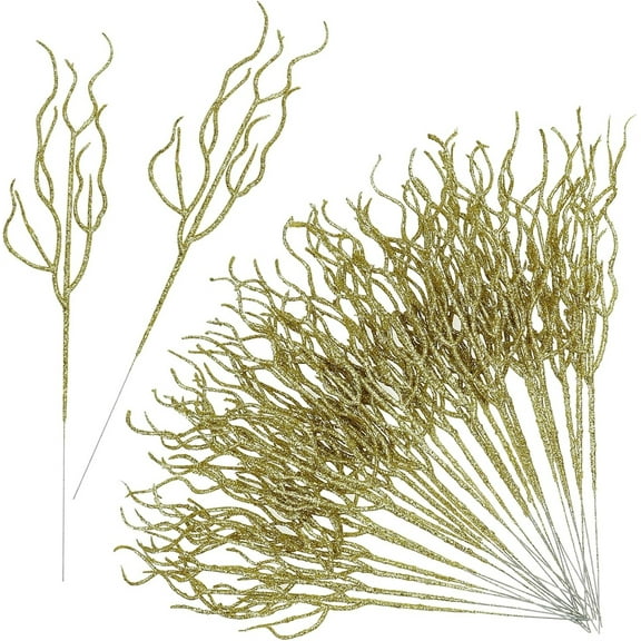 Yayun Glitter Christmas Tree Pick, 13.7in Curly Tall Tree Filler Branches, 30Pcs Christmas Tree Sprigs and Twigs Decorations for Vase Gift Wedding Decoration (Light Gold)