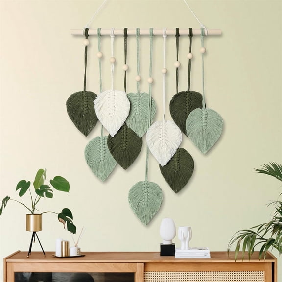 Yayun Macrame Wall Hanging Leaves with 7 Wood Clips, Woven Leaf Wall Hanging Decor, Handmade Cotton Leaves Tapestry for Bedroom, Living Room (Green)