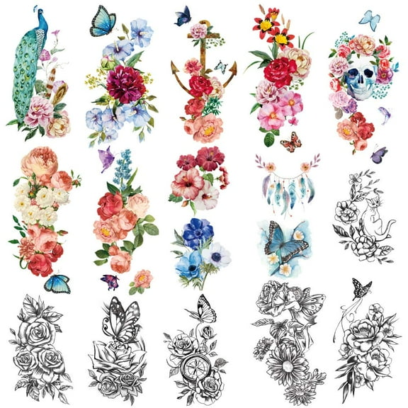 Yazhiji 15 Sheets Large Fake Tattoos for Girls, Waterproof Peacock Sexy Flowers Temporary Tattoos for Women Flowers Collection (19X9 CM)