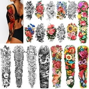 Yazhiji 18 Sheets Full Arm Waterproof Temporary Tattoos and Half Arm Shoulder Tattoo, Extra Large Lasting Tattoo Stickers for Girls and Women (22.83"X7.1")