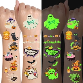 Yazhiji 300 PCS Halloween Glow in the Dark Temporary Tattoos Adult Kids Witch Pumpkin Bat Crow Ghost Cat Spider Skull Fake Tattoos Horror Face Tattoos