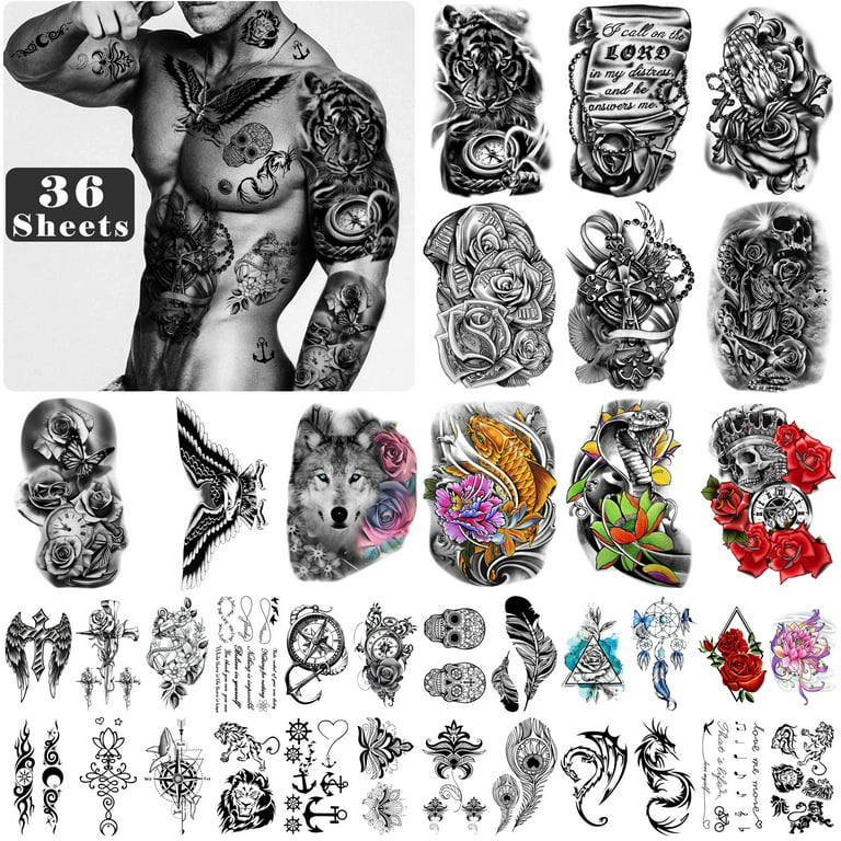  6 Sheets Temporary Fake Tattoos For Men Adults Hammer