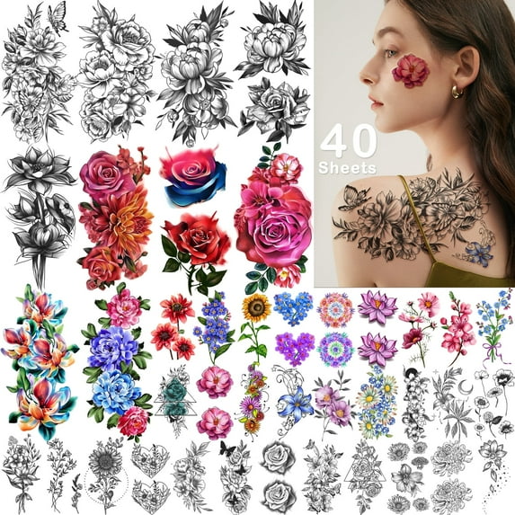 Yazhiji 40 Sheets Large Color Rose Flower Temporary Tattoos long Lasting Tattoos Fake Waterproof Tattoo Stickers for Women or Girls