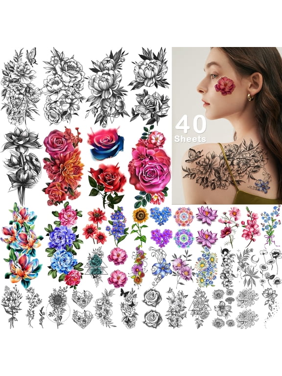 40 Sheets Large Color Rose Flower Temporary Tattoos long Lasting Tattoos Fake Waterproof Tattoo Stickers for Women or Girls