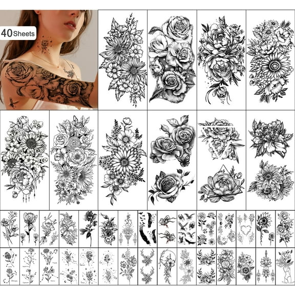 Yazhiji 40 Sheets Waterproof Temporary Tattoos Large Flowers Sunflower Rose Bouquet Fake Tattoos Sticker for Women and Girls Body Art Decoration
