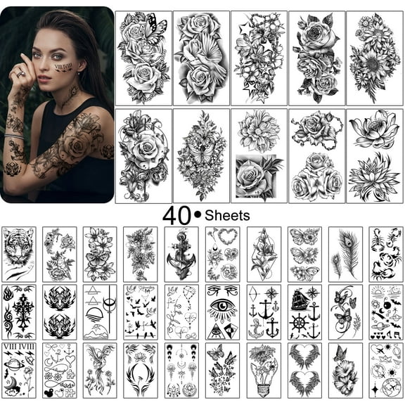 Yazhiji 40 sheets Waterproof Temporary Tattoos Flowers Rose Butterfly Fake Tattoo Mix Style Lasting Body Art Tattoo Stickers for Women or Girls