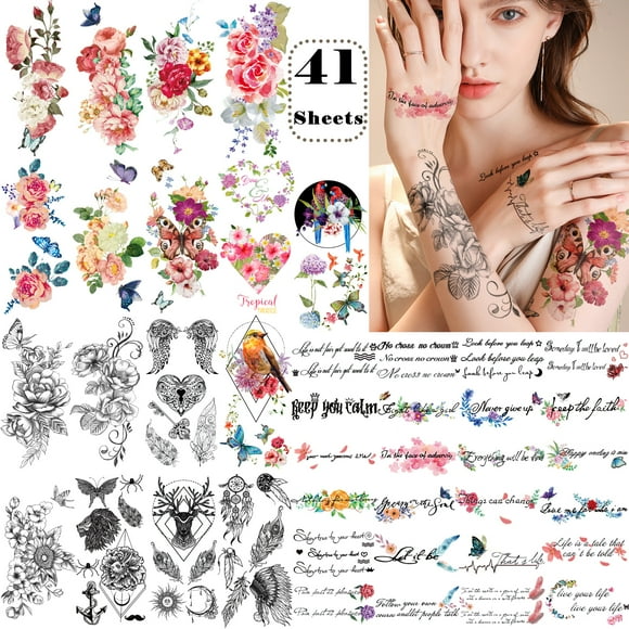 Yazhiji 41 Sheets Flower Temporary Tattoos Waterproof for Men Women Adult Flowers Bird Fake Tattoo Stickers