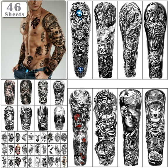 Yazhiji 46 sheets Full Arm Skull Temporary Tattoos For Men Half Arm Shoulder Angel Tattoo for Ladies