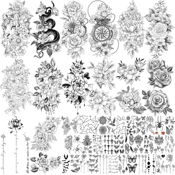 Yazhiji 49 Sheets Flower Temporary Tattoos Sticker Large Sexy Flowers Butterfly Snake Waterproof Half Arm Fake Tattoo Sticker