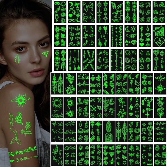 Yazhiji 60 Sheets Glow in the Dark Temporary Tattoos, Minimalism Luminous Fake Tattoos Stickers for Adults Men Women Halloween Rave Festival Accessory Party Supplies