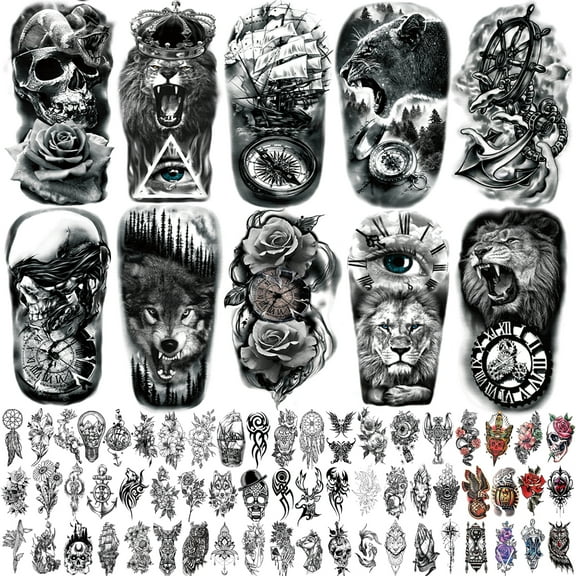 Yazhiji 70 Sheets Boat Clock Snake Lion Wolf Realistic Temporary Tattoo Stickers For Men Women Boy Girl，