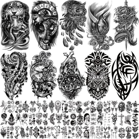 Yazhiji 70 Sheets Realistic Temporary Tattoo Stickers For Men Women Boy Girl，Owl Eagle Snake Clock Lion Planet Dragon Totem Half Arm Temporary Fake Tattoos Sticker