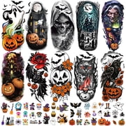 Yazhiji 77 Sheet Halloween Temporary Tattoos Adult Kids, Half Sleeve Pumpkin Bat Crow Witch Skull Spider Cat Ghost Scar Fake Tattoos Face Body Tattoo Sticker