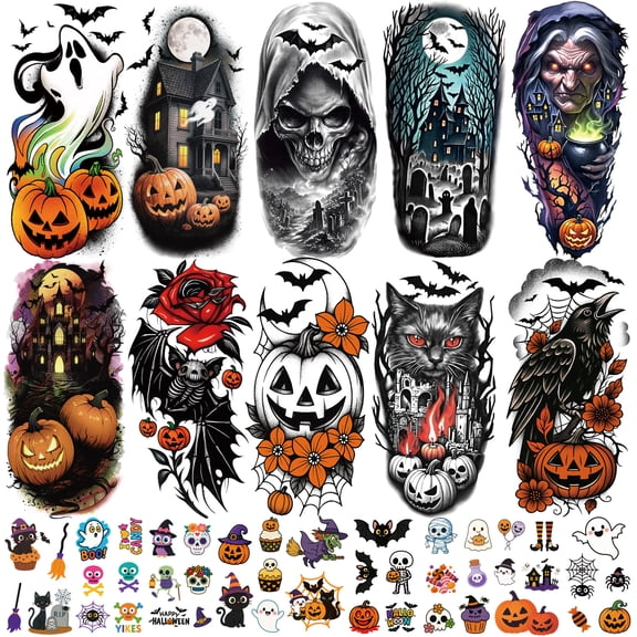 Yazhiji 77 Sheet Halloween Temporary Tattoos Adult Kids, Half Sleeve Pumpkin Bat Crow Witch Skull Spider Cat Ghost Scar Fake Tattoos Face Body Tattoo Sticker