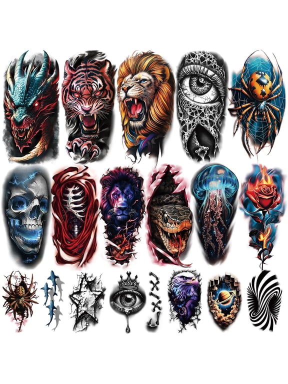 77 Sheets 3D Realistic Temporary Tattoos for Adults Kids Spider Skull Tiger Lion Dragon Snake Temporary Tattoos for Women Men, Halloween Temp Tattoos Waterproof