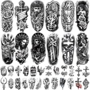 Yazhiji 77 Sheet Christian Temporary Tattoo Adult Men Women Kids Religious Jesus Cross God Christ Catholic Realistic Half Sleeve Fake Tattoos Stickers