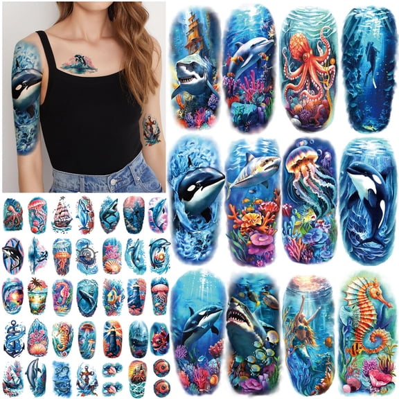 Yazhiji 77 Sheets Ocean Temporary Tattoos Half Arm Shark Dolphin Jellyfish Turtle Fish Beach Ocean Fake Tattoos for Adult Women Men Kids Waterproof Tattoo Sticker