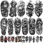 Yazhiji 77 Sheet Pirate Temporary Tattoos, Captain Ships Flag Sailor Anchor Sailboat Skull Fake Tattoos for Adult Men Kids Costume Dress Up Makeup Accessories