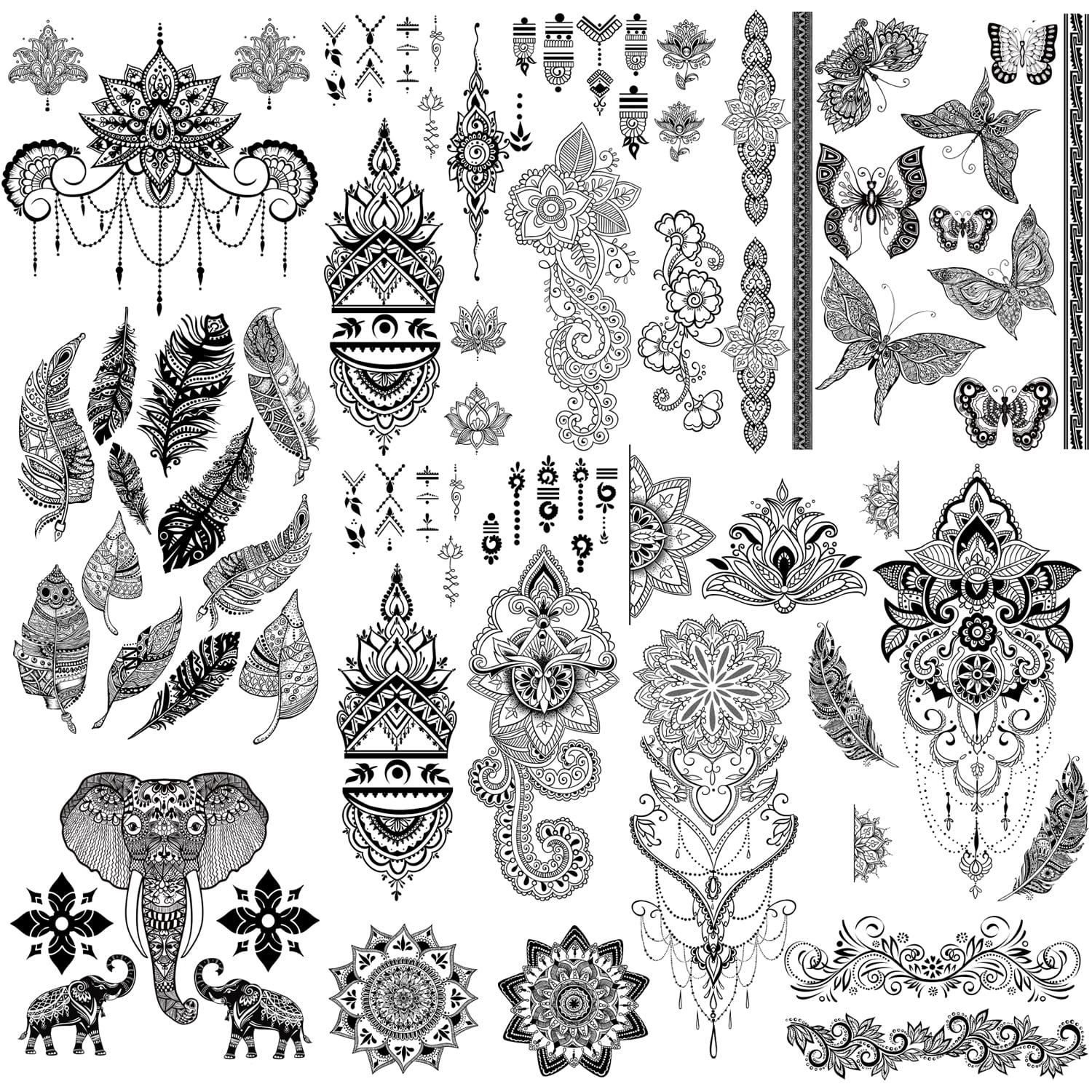 Yazhiji 8 sheets Extra Large Henna Mandala Temporary Tattoo Collection ...