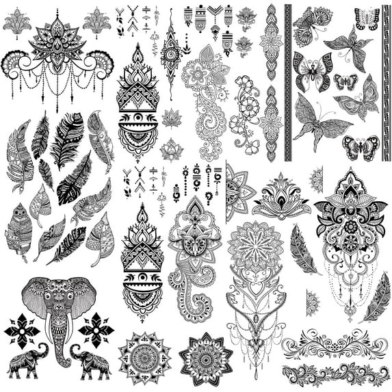 Yazhiji 8 sheets Extra Large Henna Mandala Temporary Tattoo Collection for Women and Girls Sexy Tattoo Stickers
