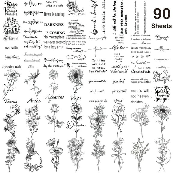 Yazhiji 90 Sheets Temporary Tattoos Inspirational Words Wild Flower Tiny Fake Tattoo for Kids Adults Men and Women