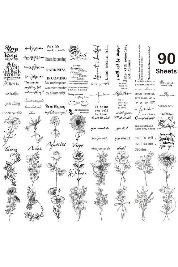 90 Sheets Temporary Tattoos Inspirational Words Wild Flower Tiny Fake Tattoo for Kids Adults Men and Women
