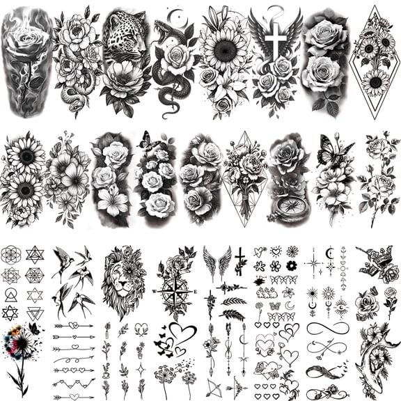 Yazhiji 92 PCS Black Flowers Temporary Tattoos Adult Women Girl Teens 3D Temp Realistic Sunflower Rose Cross Leopard Snake Butterfly Peony Floral Leaf Serpent Fake Tattoos