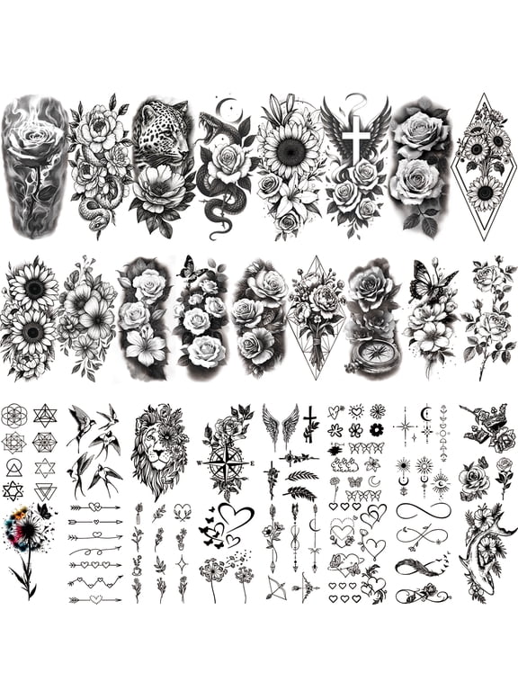 92 PCS Black Flowers Temporary Tattoos Adult Women Girl Teens 3D Temp Realistic Sunflower Rose Cross Leopard Snake Butterfly Peony Floral Leaf Serpent Fake Tattoos