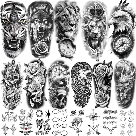Yazhiji 92 Sheets Temporary Tattoo, 17 Sheet Half Arm Lion Wolf Tiger Dragon Butterfly Rose Fake Tattoos for Women Men, 75 Sheet Realistic Tiny Tattoos Stickers for Adult Body Chest Neck Hand