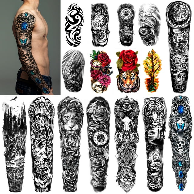Yazhiji Extra Large Waterproof Temporary Tattoos 8 Sheets Full Arm Fake ...