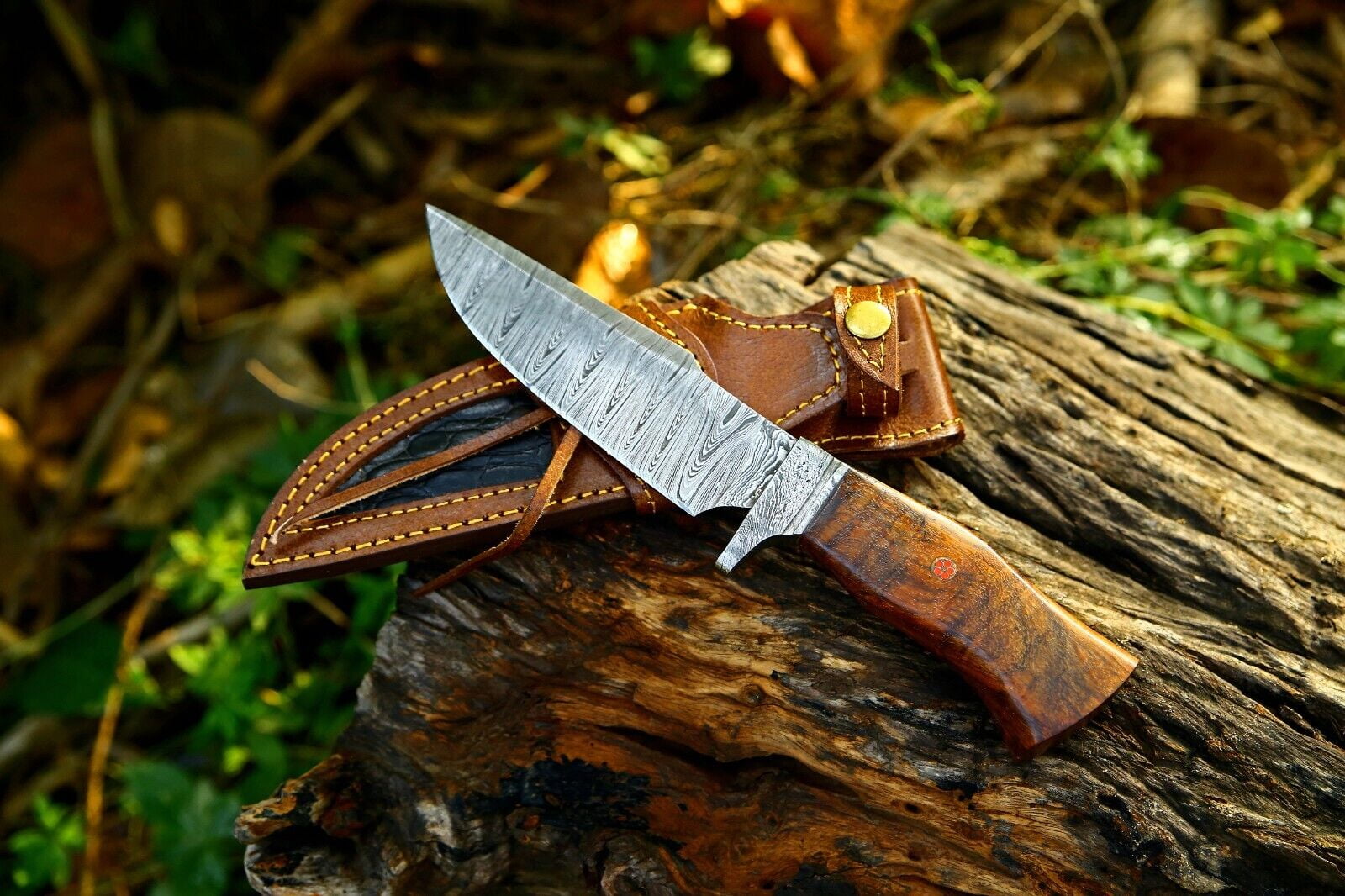 YazooKnives 11″ Handmade Damascus Hunting Knife with Leather Sheath