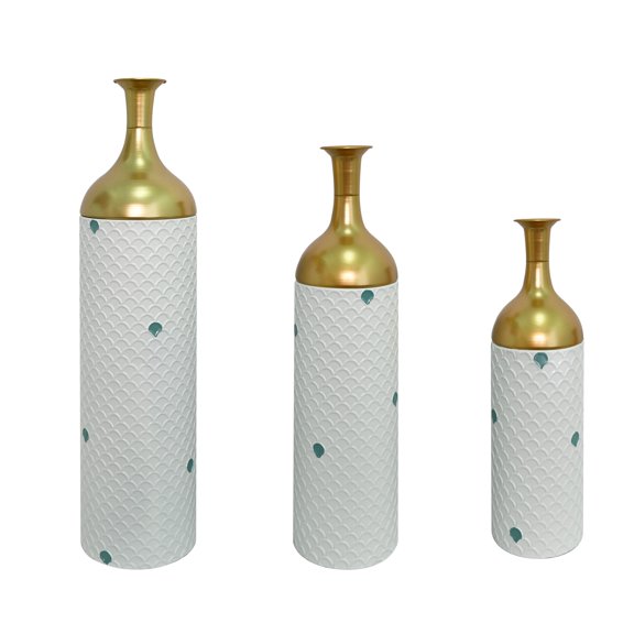 Ybawq White Quilted Green Accent Metal Floor Vase Set of 3, Gold Neck Tall Bottle Vases 27.6", 22.8", 17.4" for Living Room Entryway Decor
