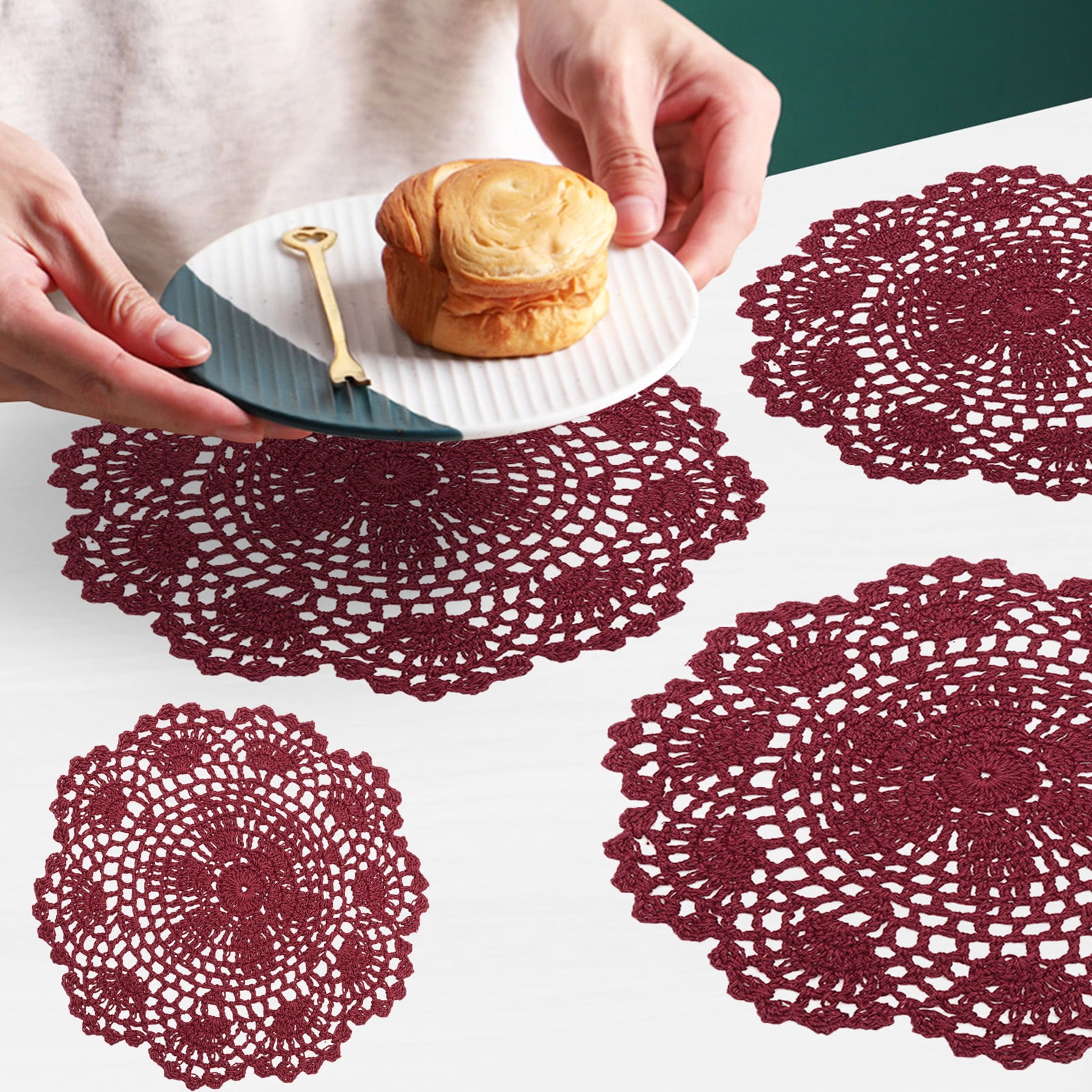 Ybeauty 6Pcs Table Mats Hollow Insulated Lace Doilies Crochet Floral Round Coasters Household