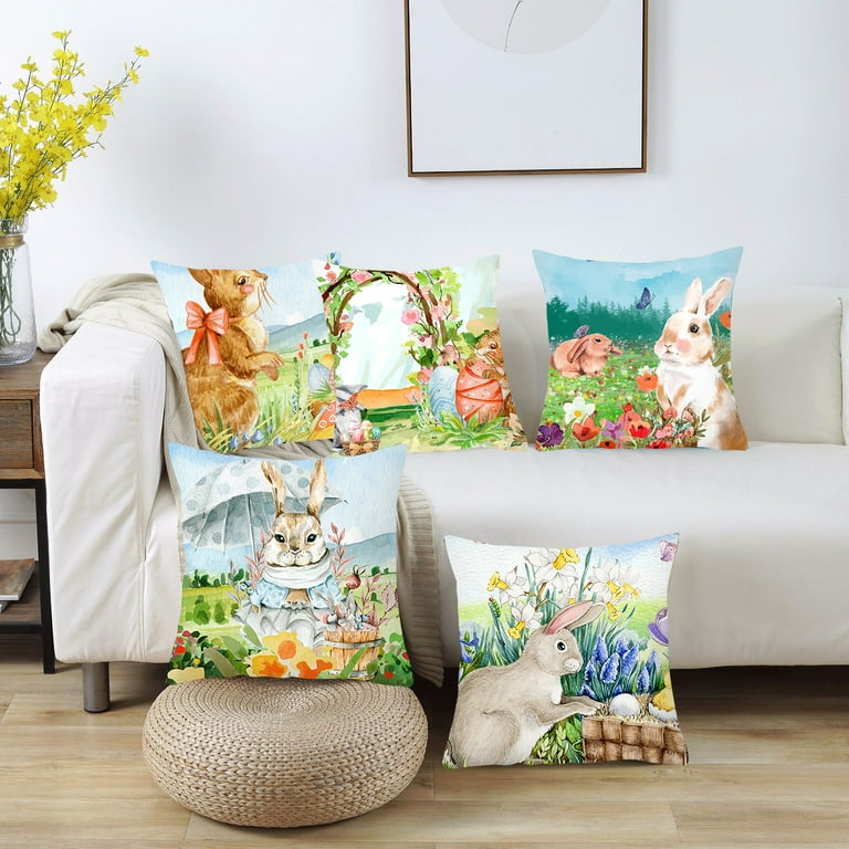 Ybeauty Easter Pillow Case Watercolor Hidden Zipper Polyester Peach Skin Spring Easter Cartoon Bunny Pillow Cover for Sofa Couch Bed