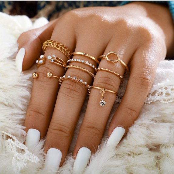 Ybenlow Geometric Type Ring Fashion Love Diamond 15-Piece Se