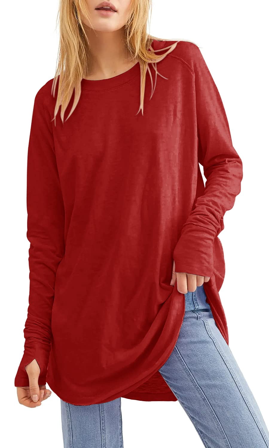 Ybenlow Women Casual Long Sleeve Tops Round Hem Loose Fashon Tunic with