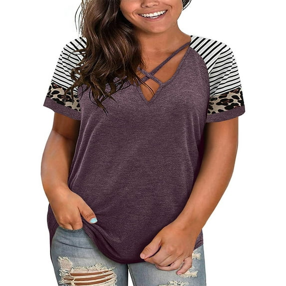 Ybenlow Women Plus Size T-Shirts Tops Short Sleeve Shirts Criss Cross Casual Loose Tee L-5XL