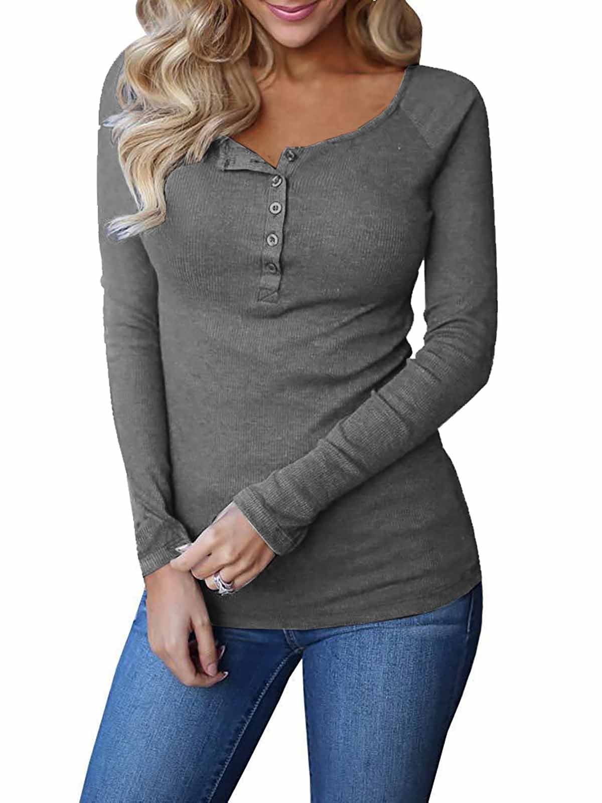 Ybenlow Womens Long Sleeve Henley Shirts Ribbed Button Down Casual ...
