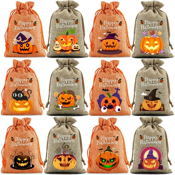 Ybomd,12-Pack Rustic Burlap Halloween Candy Bags, Reusable Jute Treat Collection Totes for Seasonal Events and Trick-or-Treating