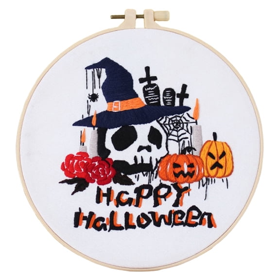 Ybomd,Complete Halloween Embroidery Starter Kit for Beginners with Pre-Printed White Skeleton Pattern, Includes Fabric Hoop Threads Needles and Step-by-Step Guidance