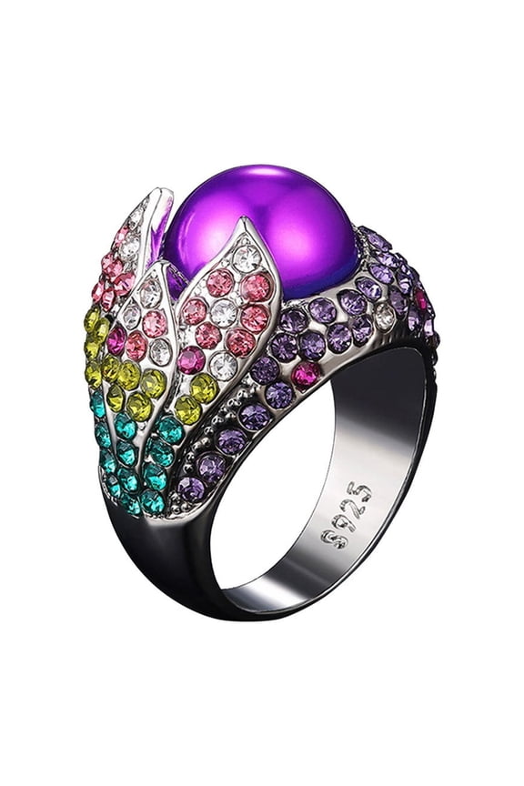 ,Luxury Women Rings,Deep Purple Simulated Pearl,Stunning Cocktail Exaggerated Big Ring Rainbow Colored Gem Full Crystal Petals Anniversary Wedding Band for Women