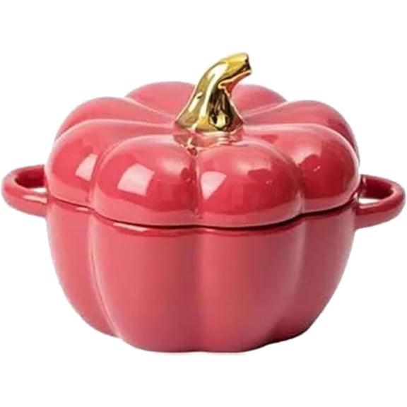 Ybomd,Red Ceramic Pumpkin-Shaped Storage Jar with Lid, Oven-Safe Mini Soup Bowl and Decorative Container for Halloween
