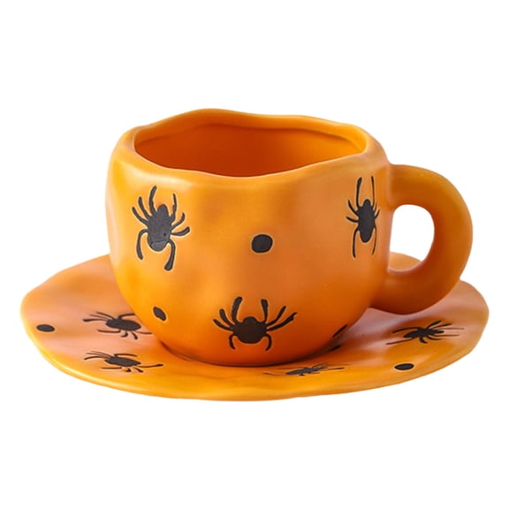 Ybomd,Yellow Spider-Themed Ceramic Halloween Mug, Short Style Irregular Design with Pumpkin Accent and Comfortable Handle