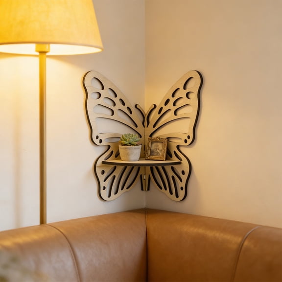 Ycandiee Butterfly Wall Shelf, Wooden Floating Corner Rack for Crystal Display Trinket Organizer and Home Accent