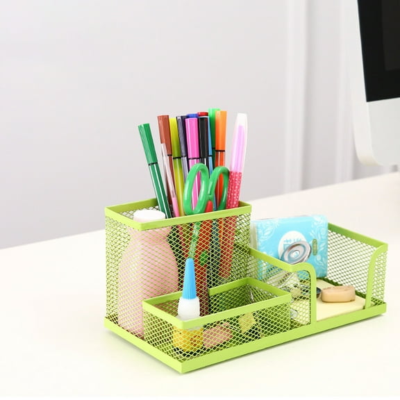 Ycandiee Mesh Desk Organizer, Mesh Pen Pencil Holder, Office Supplies Caddy with Pencil Holder and Storage Baskets for Desktop Accessories, 3 Compartments