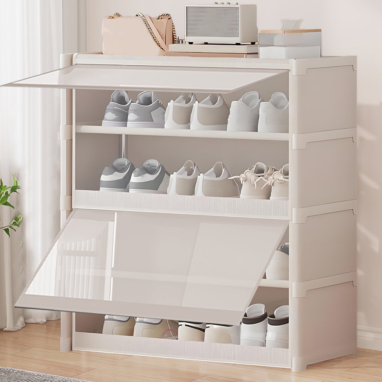 Ycandiee Shoe Cabinet, 4 Tier, shoe Storage, vertical Shoe Rack For Small Spaces, Tall Narrow Shoe Cabinet Organizer For Closet Entryway, free Stacking, Free Design To Save Space Shoe Shelf